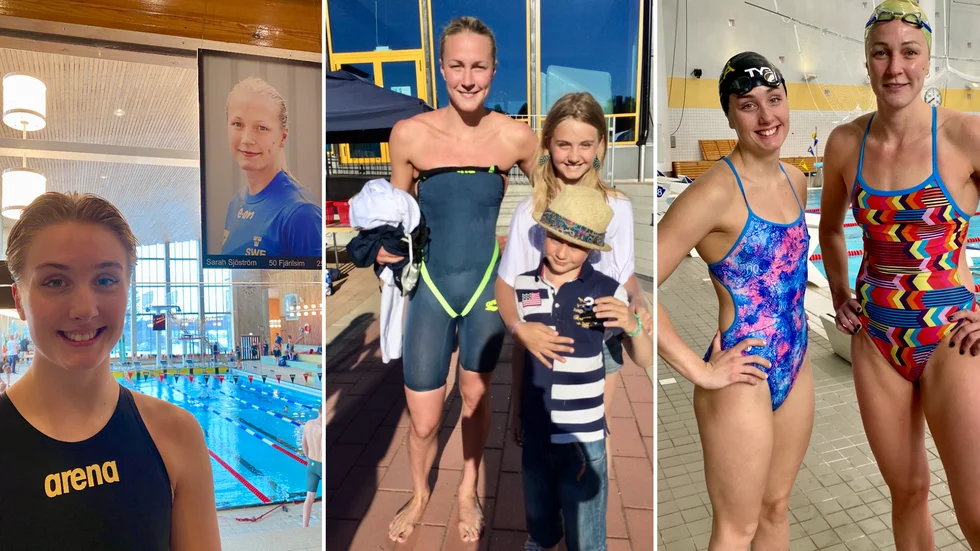 1. Klara Lindqvist i förgrunden och Sarah Sjöström i egenskap av banrekordhållare i Pontusbadet på fotot bakom. Bilden på henne sitter uppe i Pontusbadet där Sarah Sjöström satte banrekord 2011. 2. Sarah Sjöström träffar syskonen Per och Klara Lindqvist SM i Sundsvall 2015. 3. Klara Lindqvist och Sarah Sjöström träffades ifjol när Klara Lindqvist var inbjuden till tester och träning i Sarah Sjöströms hemmaarena Eriksdalsbadet i Stockholm.