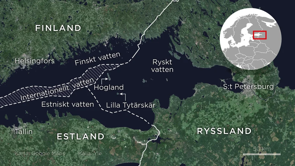 Kartan visar territoriala gränser och internationellt vatten i Finska viken.