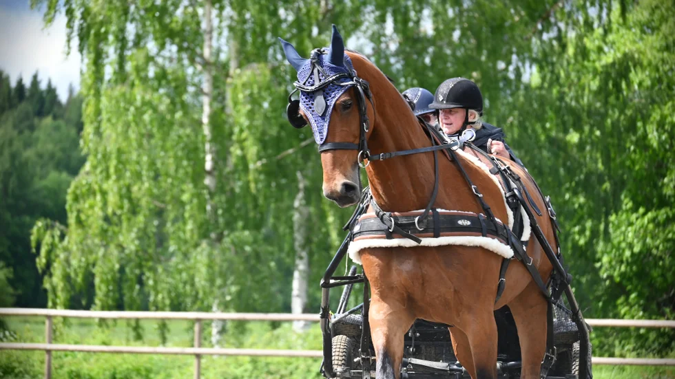 Marie Ågren med groom Josefin Medbom och hästen Garino genomför dressyrmomentet.