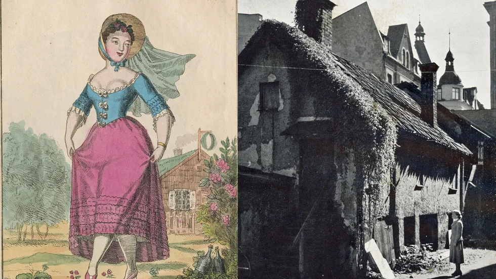 Ulla Winblad. Illustration av Elis Chiewitz i Galleri till Fredmans epistlar (1826), Uppsala universitetsbibliotek. ”Ulla Winblads hus” på Olai Kyrkogata. 
