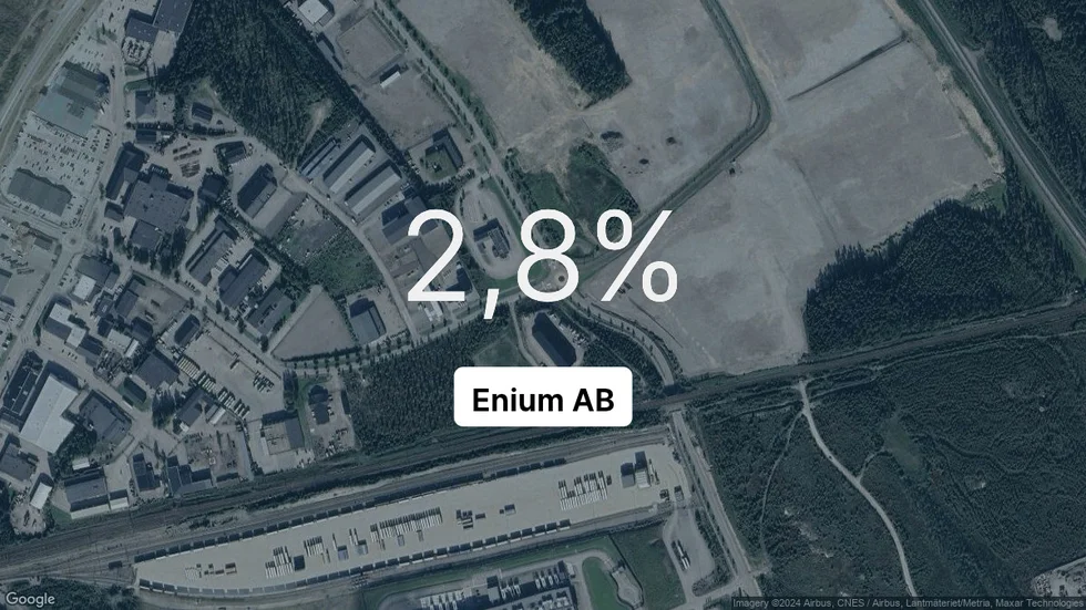 Illustrationen visar rörelsemarginalen för Enium för det senaste året. Bakgrunden är en satellitbild över företagets adress.