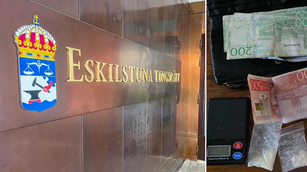 Våg, kontanter och misstänkt narkotika. Bild från polisens förundersökningsprotokoll. Kvinnan har dömts i Eskilstuna tingsrätt.