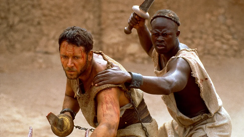 Skådespelarna Russell Crowe och Djimon Hounsou i "Gladiator". Arkivbild.