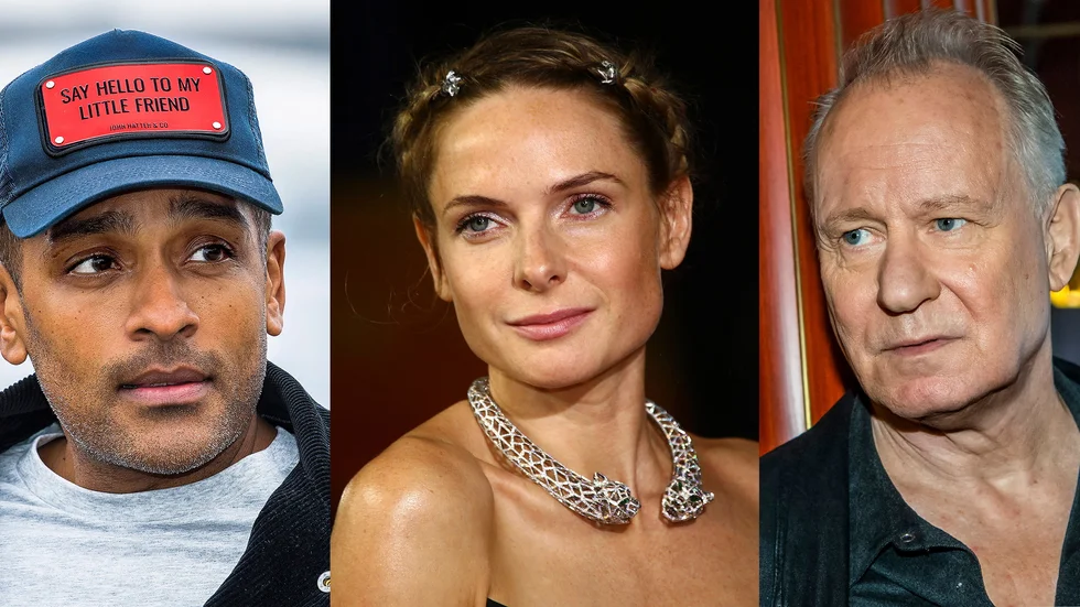 TT har pratat med tre av de svenska stjärnor som kommer att påverkas av strejken. Från vänster: Alexander Karim, Rebecca Ferguson, Stellan Skarsgård. Arkivbild.