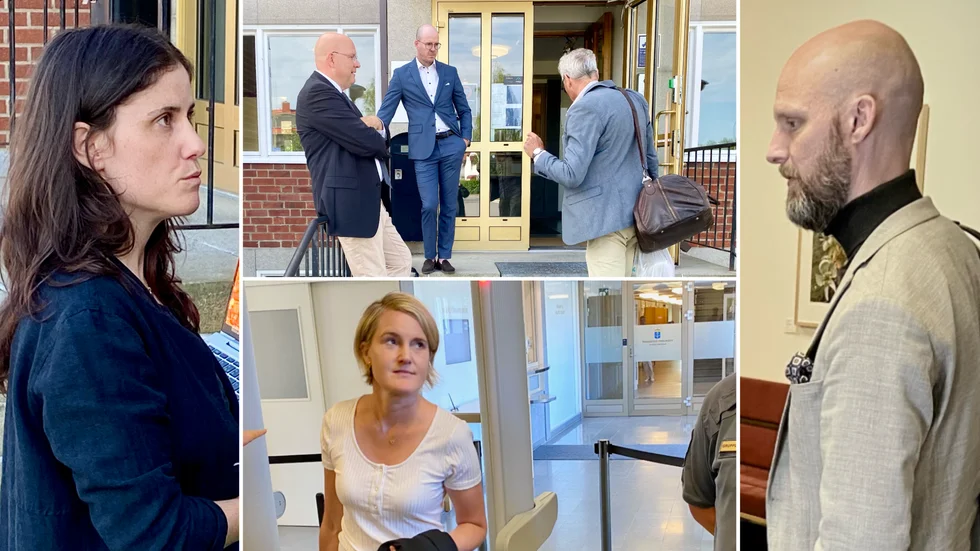 De sex olika parterna kring rättegången om mordet i Malå (från vänster): åklagare Linnea Hedström, advokaterna Erik von Ahn, Jens Nyström och Ulf Holst, målsägandebiträdet Linda Sundlöf och advokat Fredrik Elveros.