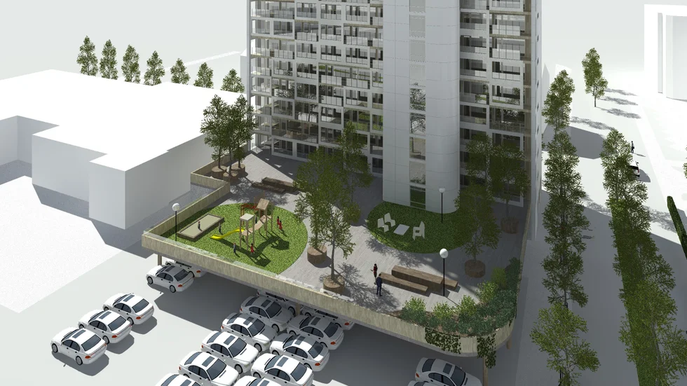 Skiss över hur huset och parkeringsdelen skulle kunna se ut. Om projektet blir av.