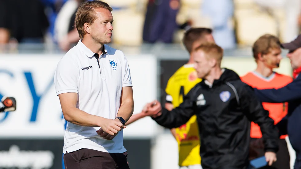 Åtvidabergs tränare Anders Bååth efter fotbollsmatchen i Ettan södra mellan Falkenberg och Åtvidaberg den 27 maj 2023 i Falkenberg. 