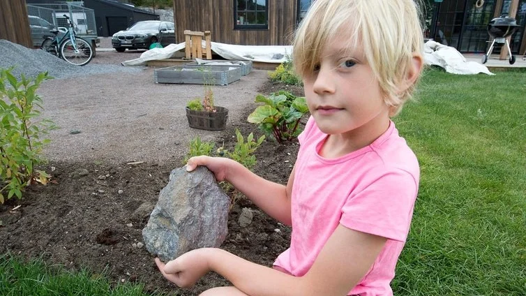 I början av augusti inträffade en sprängningsolycka i samband med ett vägarbete vid Hagabergsvägen i Trosa. Ingen person, men flera människor var nära att träffas av stora, flygande stenar. Edvin, 7, var en av dem. Här håller han upp en av de större sprängstenarna som landade cirka 10 meter från huset. "Jag blev jätterädd och en sten kom precis bredvid mig", säger Edvin.