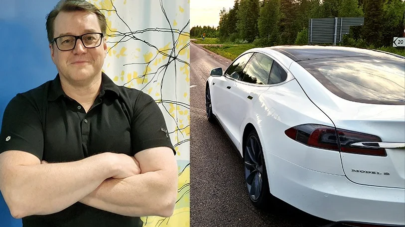 Mikael Kemi pendlar dagligen tretton mil till jobbet med sin elbil.