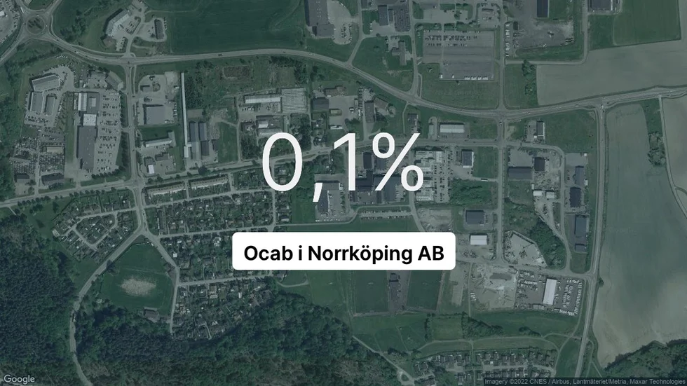 Illustrationen visar rörelsemarginalen för Ocab i Norrköping för det senaste året. Bakgrunden är en satellitbild över företagets adress.
