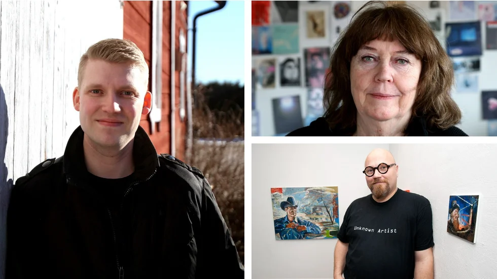 I debattartikeln "Sverigedemokraterna respekterar inte konstens frihet" (1/8) kritiserade Stina Opitz och Martin Edetun (båda till vänster) från konstnärsföreningen Alka Sverigedemokraternas konstsyn. Christ Dahlqvist (till höger) SD:s gruppledare i Linköping tycker att de "brunsmetar och "vantolkar" partiets förslag. 