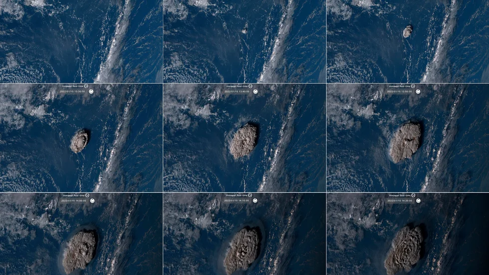 Bilder från den japanska vädersatelliten Himawari-8, som visar hur vulkanutbrottet reser sig ur havet.