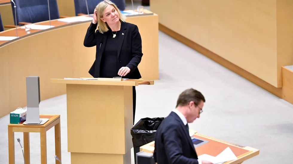 Magdalena Andersson och Ulf Kristersson i gårdagens partiledardebatt i riksdagen.
