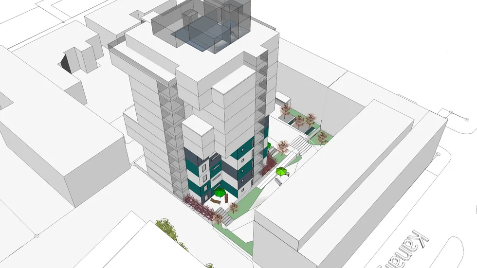Tänkt utformning av Höderskrapan. Huset vars ljusinsläpp ska utredas ligger närmast till höger, det är vid Kanalgatan.