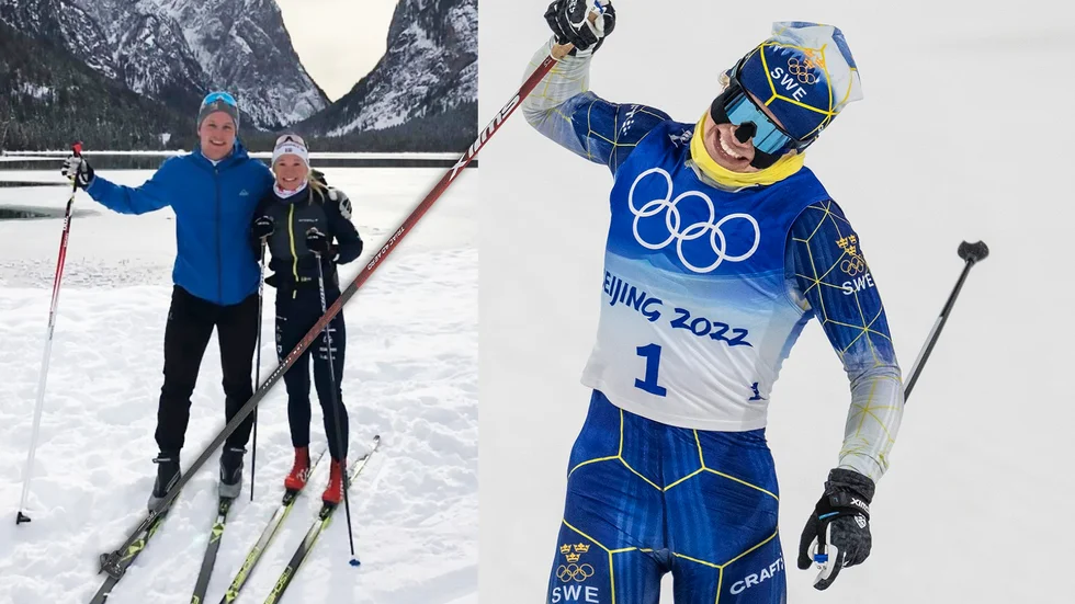 Jonna Sundling tog hem guldet i sprint och hyllas av sambon Anton Olofsson.