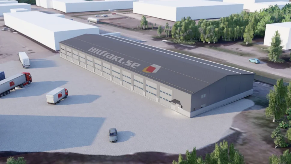 Så här kommer Bilfrakts ny garage på Hedensbyn att se ut då det är klart. Byggnationen pågår just nu.