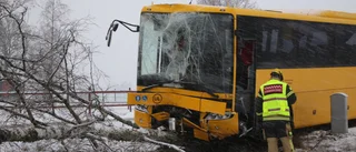 Buss körde in i träd och åkte ner på åker