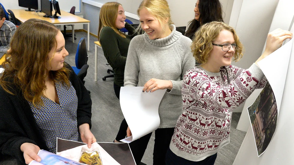 Eleverna förbereder sin utställning. Fr v Frida Albertsson, Elin Lundmark och Emma Johansson. Bakom den syns Linn Salomonsson och Maya Gyllenberg Mansour. Alla fem bor i Skellefteå. Foto: Jeanette Lövgren.
