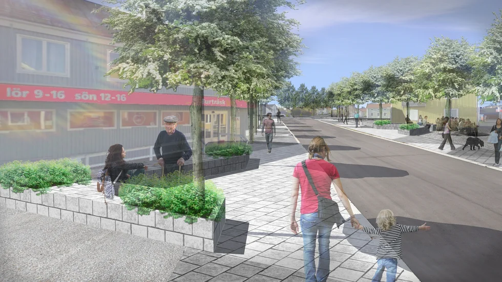 Förslag. Här är en skiss hur Köpmangatan kan se ut efter ombyggnad. Illustration: Malin Winblad, Skellefteå kommun.