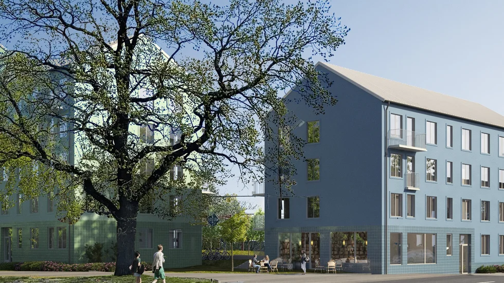 Illustration av de blivande bostäderna. Vy tagen nordväst om området från Finningevägen. Källa: E/S-A Arkitekter AB.