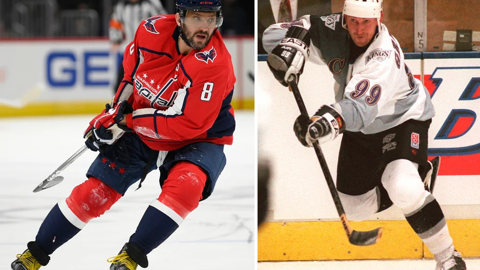 Alexander Ovetjkin (i september 2021) och Wayne Gretzky (i januari 1996). Ovetjkin jagar Gretzkys målrekord i NHL. Arkivbilder.