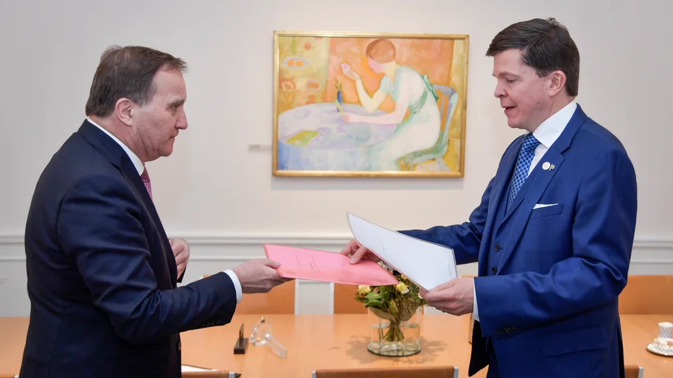 Statsminister Stefan Löfven (S) när han lämnade in sin avskedsansökan till riksdagens talman Andreas Norlén.