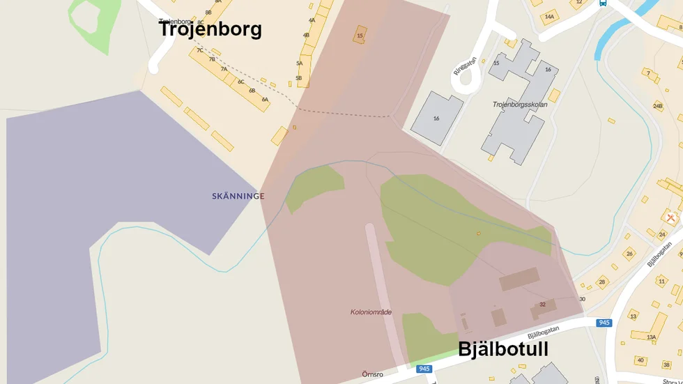 Framtida bostadsområden i Skänninge. Den röda delen är mark som ägs av kommunen/Bostadsbolaget. Den blå ytan är privatmark. Den kommande detaljplanen väntas märka ut områdena som bostadsändamål.