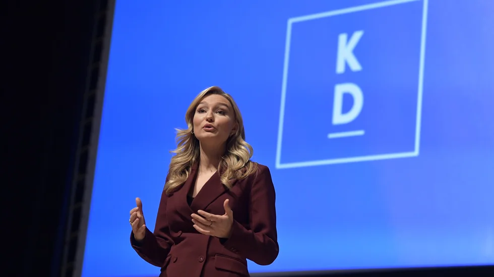 Kristdemokraternas partiledare Ebba Busch talar vid Kristdemokraternas riksting i Norrköping.