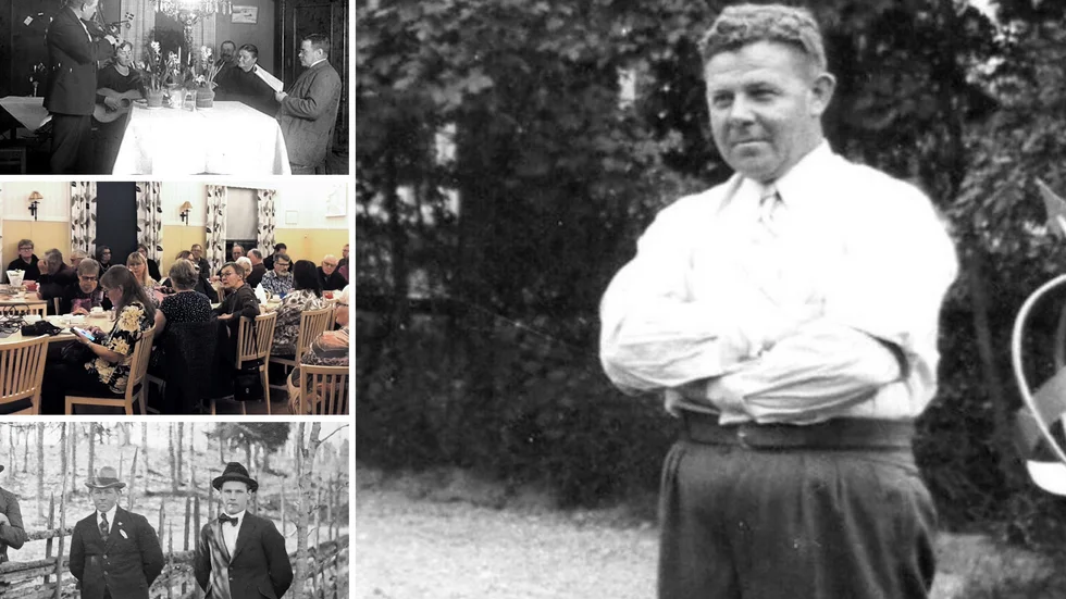 Tjällmoprofilen Hjalmar Johansson var en mångkonstnär. Han var en duktig musikant (spelar fiol i bilden uppe till vänster). Han var med och grundade Tjällmos hembygdsförening som firar 90-års jubileum i år (färgbilden visar det välbesökta firandet) . Till höger om Hjalmar på nedersta vänstra bilden står Ivar Karlsson från Hälla född 1908.
