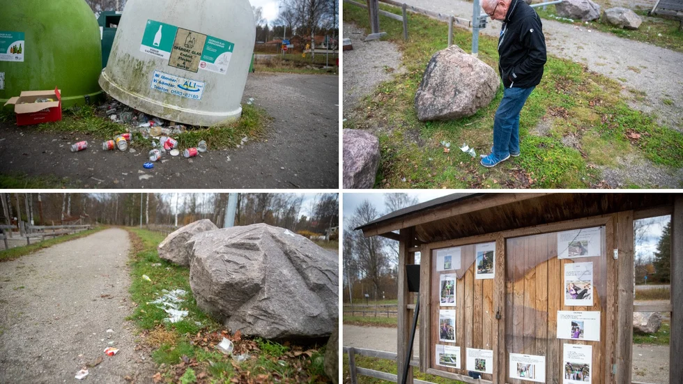 Åke Johansson, från Sonstorps IK, vid återvinngsstationen och utegymmet som återigen har drabbats av skadegörelse. 