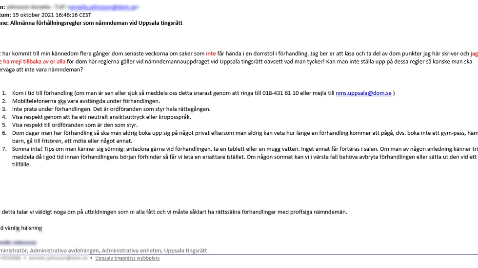 Det ursprungliga mailet till nämndemän vid Uppsala tingsrätt.