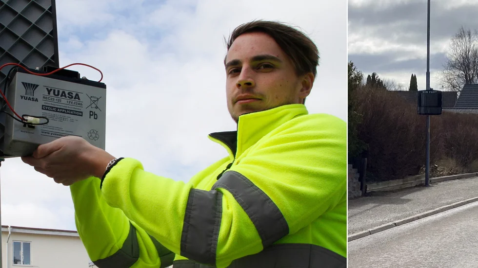 Johannes Swensson i färd med att byta batterier i farttavlan på Nygatan. Troligen behövde även farttavlan på Olivhällsvägen nytt batteri. Byten sker i regel var sjunde–tionde dag.