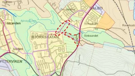 Här ses var Luleå kommun tänker sig att bron mellan Hällbacken och Björkskatan ska placeras.