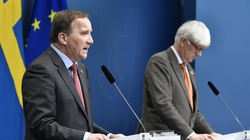 Statsminister Stefan Löfven och  Folkhälsomyndighetens generadirektör Johan Carlson vid onsdagens pressträff.