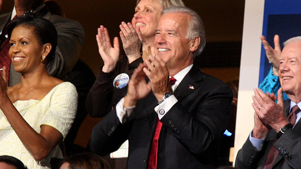 USA:s då blivande första dam Michelle Obama, den då blivande vicepresidenten Joe Biden och expresident Jimmy Carter fotograferade på Demokraternas konvent 2008.