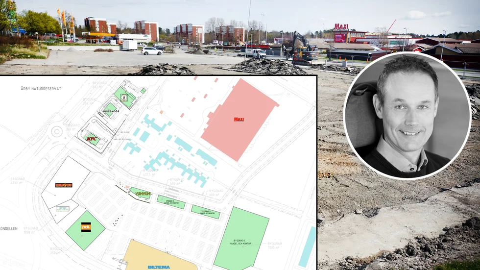 Magnus Fält på Maxfastigheter tillsammans med en karta över hur nya Skiftinge handelsområde ska se ut när etapp tre är klar. De tre gröna byggnaderna upp till vänster är KFC, Jureskogs och Efendys. De tre gröna byggnaderna i mitten är från vänster Yum yum och sedan två byggnader som ännu inte har några hyresgäster. Den gröna byggnaden till höger i bild är 7000 kvadratmeter stor och ingår i etapp tre.