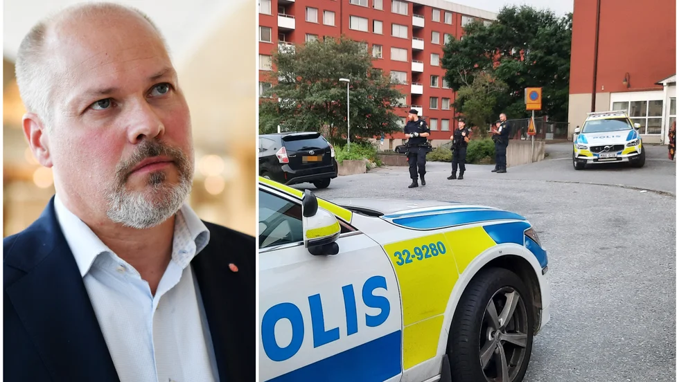 Justitieminister Morgan Johansson (S) / Poliser utanför området där skottlossning skedde under lördagskvällen.