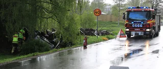 Bil voltade in i trädgård