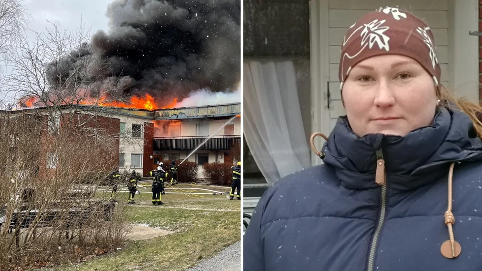 Sofia Sjölin, som bor granne med huset som brinner, beskriver branden som "jätteläskig".
