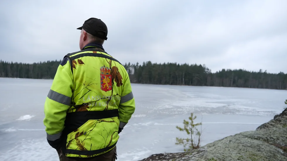 Daniel Hellqvist spejar ut över en sjö i Långbogenreviret.
