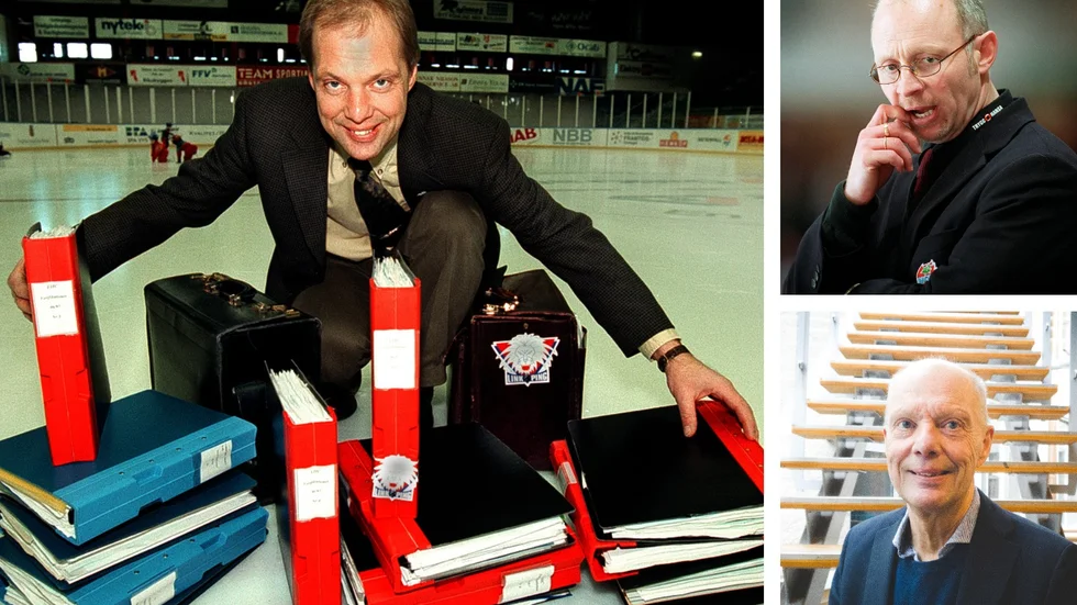På stora bilden har Correns fotograf i mars 1998 fått ut Kjell Sander och hans pärmar på Stångebrohallens is. Uppe till höger ses tränaren Jim Brithén, som Sander hyllar stort, och nere till höger Kjell Sander idag.