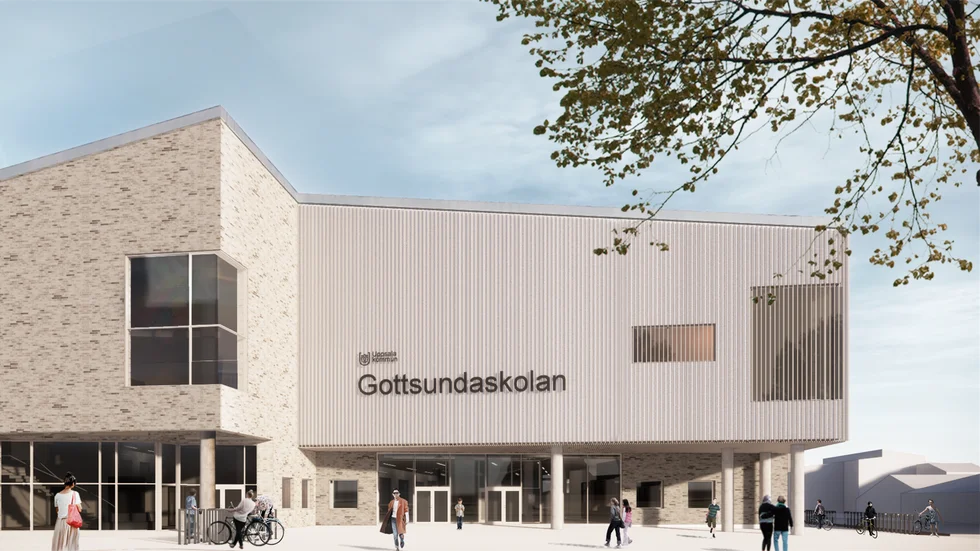 Nya Gottsundaskolans entré utifrån arkitektskissen.