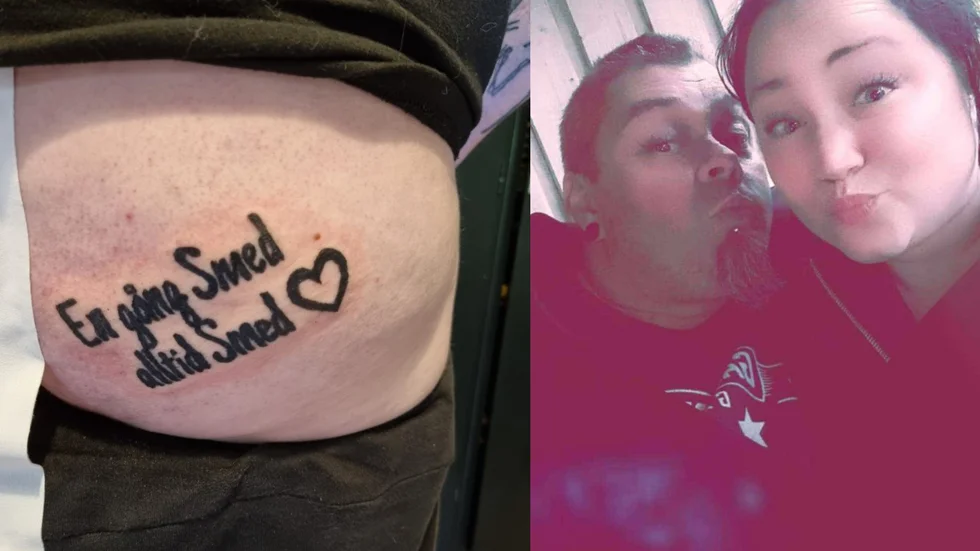 Till vänster syns tatueringen på Kjell Mobacks rumpa och till höger kärleksparet Kjelle och Belinda.