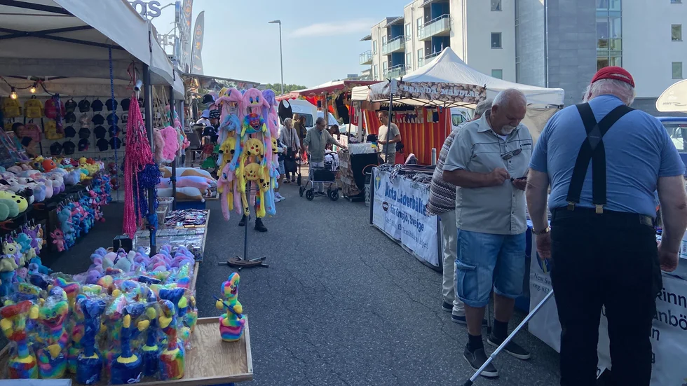 Vilbergsmarken inleddes på torsdagsförmiddagen med ett stort antal knallar på plats. Elektriska leksaker i olika utföranden, som nere till vänster i bild, utgjorde återkommande inslag i marknadsstånden. 