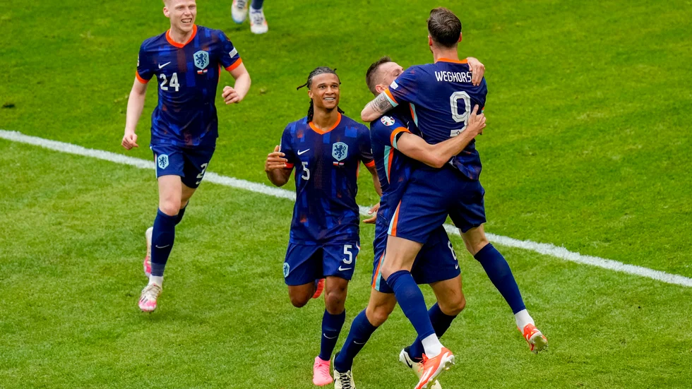 Wout Weghorst kramas om efter målet i segern mot Polen.