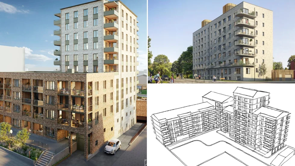 Byggen som kan starta inom något år. Till vänster Polaris bakom gamla posten. Uppe till höger Karlavagnen vid Skråmträskvägen. Nere till höger Kapella vid Kanalgatan/Repslagargränd.