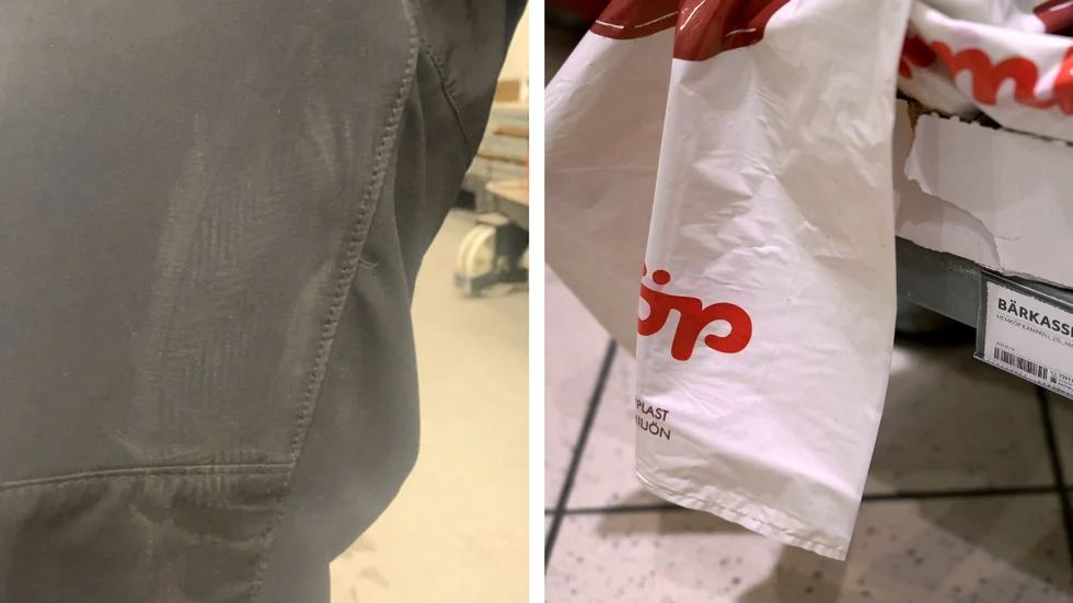 På väktarens byxor fanns ett skovatryck som 21-åringen avsatte när hon utdelade en spark. (Bilden till vänster är hämtad ur förundersökningen.)