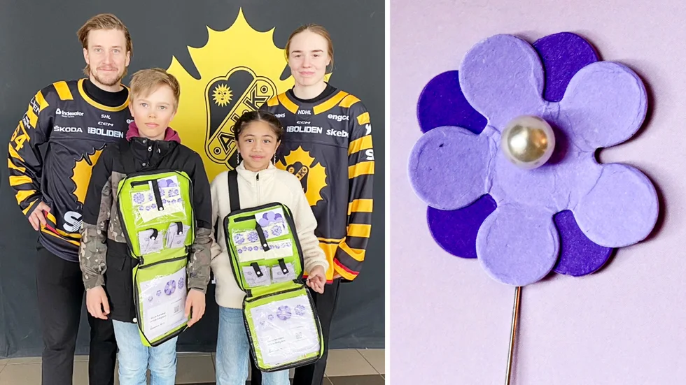 Emanuel och Molly är två av de 414 elever i Skellefteå som tillsammans har sålt majblommor för över 530 000 kronor. Här tillsammans med lagkaptenen Jonathan Pudas  och stjärnmålvakten Miranda Dahlgren, från AIK, som båda valt att stötta Majblommans arbete.