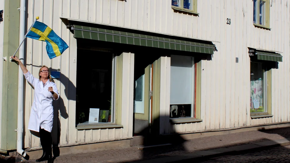 Ann-Marie Brushane hänger upp flaggan utanför CHG Galleri och Ateljé på Storgatan i Vimmerby.
