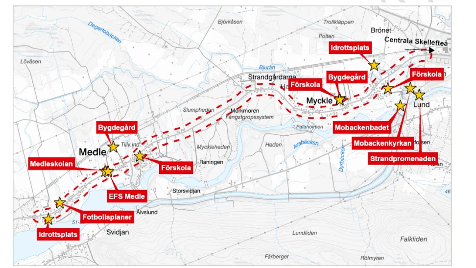 Här har Trafikverket markerat olika målpunkter längs sträckan. 